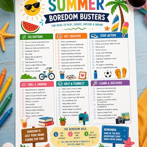 Op de afbeelding: Een wit activiteitenblad getiteld Summer Boredom Busters met kleurrijke illustraties van een zon, palmboom, watermeloen en strandartikelen. Het bevat zes gecategoriseerde lijsten met activiteiten, een Boredom Rule-sectie en een bord met de tekst Boredom is just your brain asking for fun.