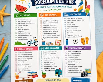 Puede incluir: Una hoja de actividades blanca titulada Summer Boredom Busters con ilustraciones coloridas de un sol, una palmera, una sandía y artículos de playa. Incluye seis listas de actividades categorizadas, una sección Boredom Rule y un letrero que dice Boredom is just your brain asking for fun.
