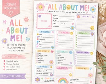 Puede incluir: Una hoja de trabajo imprimible All About Me con bordes de colores pastel, caras sonrientes y flores. El documento incluye secciones para detalles personales, favoritos, gustos, disgustos, comodidades, habilidades, horario y notas con líneas en blanco.