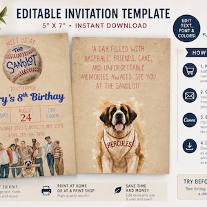 May include: An editable 5" x 7" baseball-themed birthday invitation template featuring a vintage paper background, a baseball graphic with the text "The Sandlot," a group of children, and a Saint Bernard dog wearing a bandana labeled "Hercules."