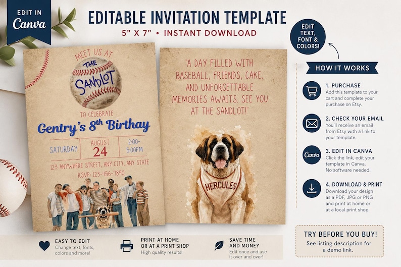May include: An editable 5" x 7" baseball-themed birthday invitation template featuring a vintage paper background, a baseball graphic with the text "The Sandlot," a group of children, and a Saint Bernard dog wearing a bandana labeled "Hercules."