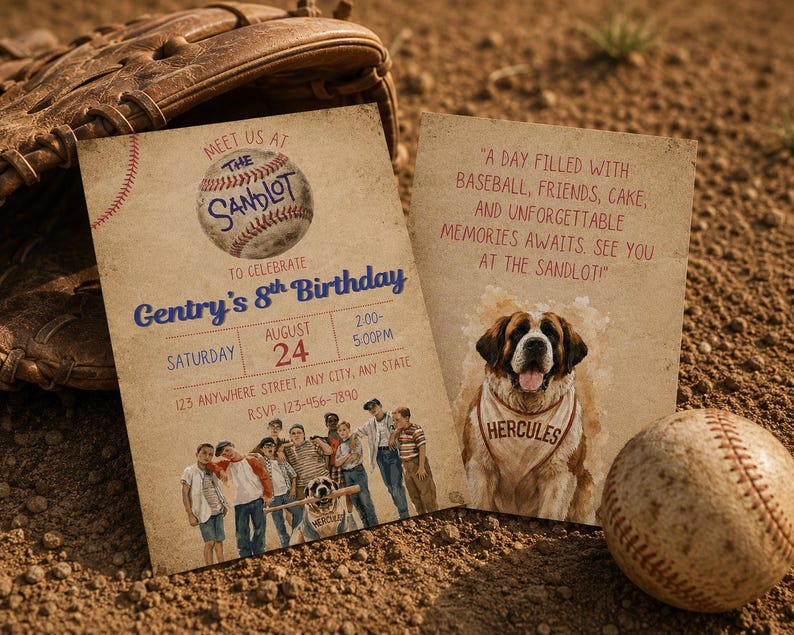 May include: Two rectangular birthday invitation cards with a vintage paper texture. The first card features a baseball graphic, the text "Meet us at The Sandlot to celebrate Gentry's 8th Birthday," event details, and a group of children. The second card shows a Saint Bernard dog wearing a "Hercules" collar and text about a day filled with baseball, friends, and cake.