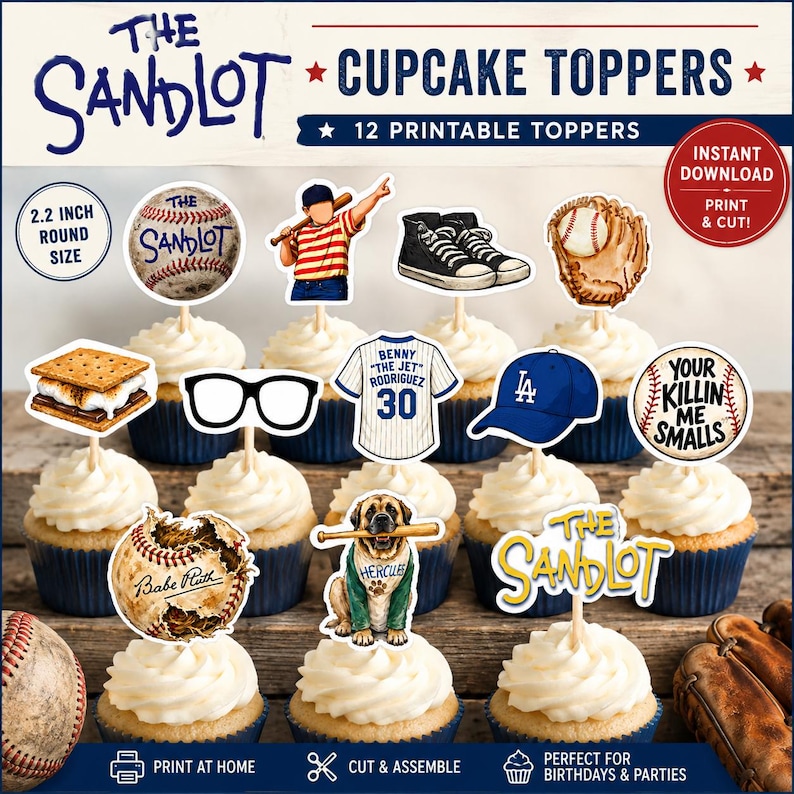 K&ouml;nnte beinhalten: Ein Set aus 12 ausdruckbaren Cupcake-Toppern zum Thema The Sandlot, mit Illustrationen eines Baseballs, eines Spielers mit Schl&auml;ger, schwarzer Turnschuhe, eines Handschuhs, eines S'mores, einer Brille, eines Trikots mit Benny The Jet Rodriguez 30.