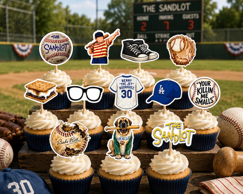 K&ouml;nnte beinhalten: Ein Set aus zw&ouml;lf Cupcakes mit Baseball-Motiv-Aufsteckern aus Papier, darunter ein Baseball mit dem Text The Sandlot, ein Spieler, schwarze Turnschuhe, ein Handschuh, ein S'more, eine Brille, ein Trikot, eine blaue Kappe und ein Hund.