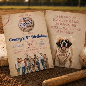 May include: Two rectangular birthday invitation cards with a vintage paper texture. The left card features a baseball graphic, the text "Meet us at The Sandlot to celebrate Gentry's 8th Birthday," event details, and a photo of a group of children.