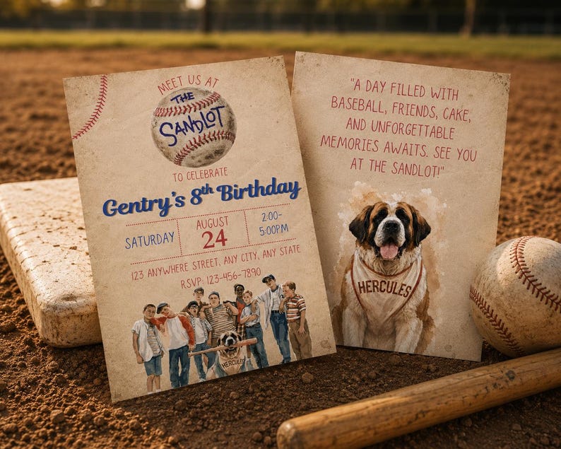 May include: Two rectangular birthday invitation cards with a vintage paper texture. The left card features a baseball graphic, the text "Meet us at The Sandlot to celebrate Gentry's 8th Birthday," event details, and a photo of a group of children.