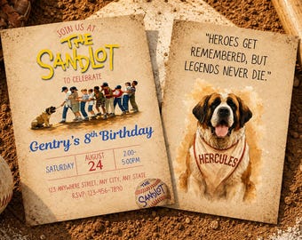 May include: Two rectangular cards featuring The Sandlot theme. The left card displays a group of children and a dog with text including Gentry's 8th Birthday, August 24, and RSVP details. The right card shows a Saint Bernard dog wearing a bandana.