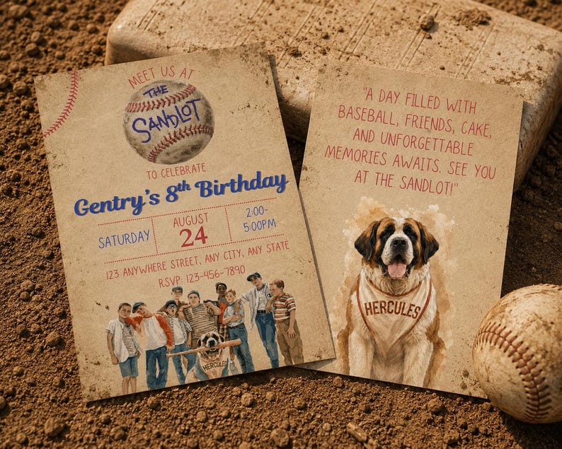 May include: Two rectangular birthday invitation cards with a vintage paper texture. One card features a baseball graphic, the text 'Meet us at The Sandlot', 'Gentry's 8th Birthday', event details, and a group of children. The other shows a Saint Bernard dog.
