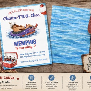 May include: A birthday party invitation featuring a watercolour illustration of a person on an inflatable ring. The invitation includes the text "MEMPHIS is turning 2" and party details. A red cooler with drinks is also shown.