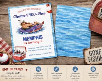 May include: A birthday party invitation with a watercolor illustration of a person floating on an inner tube. The invitation includes the text "MEMPHIS is turning 2" and details for the party. A red and white cooler with drinks is also shown.