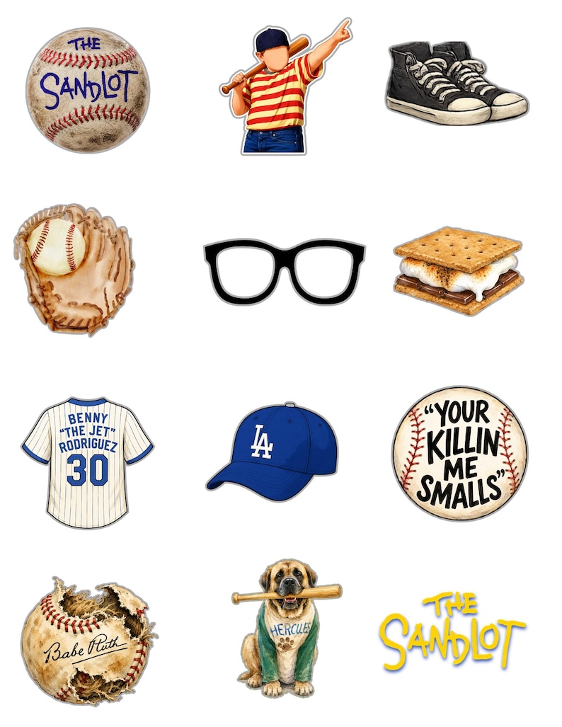 K&ouml;nnte beinhalten: Eine Sammlung von Aufklebern mit Baseball-Motiven, darunter ein Baseball mit dem Text The Sandlot, ein Spieler mit Schl&auml;ger, schwarze Turnschuhe, ein Handschuh, eine schwarze Brille, ein S'more, ein Trikot, eine blaue Kappe, ein Baseball mit dem Text Your Killin Me Smalls, ein Babe Ruth Baseball, ein Hund mit Schl&auml;ger und das The Sandlot Logo.