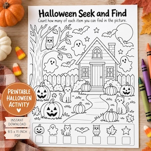 May include: A black and white Halloween Seek and Find activity sheet featuring a haunted house, pumpkins, ghosts, cats, an owl, bats, and stars. The text reads Halloween Seek and Find, Count how many of each item you can find in the picture.