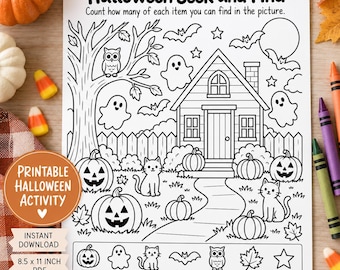 Può includere: Un foglio di attività Halloween Seek and Find in bianco e nero con una casa stregata, zucche, fantasmi, gatti, un gufo, pipistrelli e stelle. Il testo recita Halloween Seek and Find, Count how many of each item you can find in the picture.