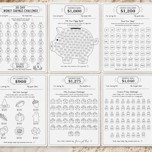 Puede incluir: Seis hojas de papel blancas con desafíos de ahorro impresos en negro. Los diseños incluyen un reto de 30 días, una hucha para 1.000 $, una cuadrícula de ahorro de 1.200 $, un objetivo estacional de 900 $, un reto de sobres de 1.275 $ y un rastreador de 1.040 $.