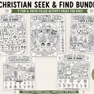 Pode incluir: Um pacote de cinco folhas de atividades imprimíveis em preto e branco intituladas Christian Seek & Find. Cada página apresenta ilustrações de linhas com temas bíblicos como a Arca de Noé, cenas subaquáticas e igrejas com itens.