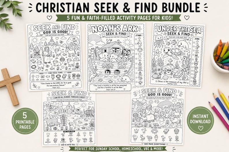 Puede incluir: Un paquete de cinco hojas de actividades imprimibles en blanco y negro tituladas Christian Seek & Find. Cada p&aacute;gina presenta ilustraciones de l&iacute;neas con temas b&iacute;blicos como el arca de No&eacute;, escenas submarinas y entornos de iglesias.