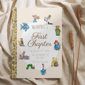 May include: A cream-colored invitation with the text "Memphis's First Chapter" in elegant script. The invitation is decorated with illustrations of storybook characters, including a mouse, bear, and fish. The date and time are also included.
