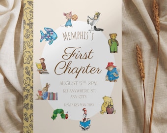 May include: A cream-colored invitation with the text "Memphis's First Chapter" in elegant script. The invitation is decorated with illustrations of storybook characters, including a mouse, bear, and fish. The date and time are also included.