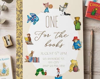 May include: An invitation with the text "One for the books" surrounded by illustrations of storybook characters. The invitation includes the date, time, and location. Small books are scattered around the invitation.