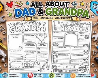 Puede incluir: Dos hojas de trabajo imprimibles tituladas All About Dad y All About Grandpa, con dibujos de líneas en blanco y negro y secciones para completar, rodeadas de herramientas dispersas como llaves, un martillo y una cinta métrica.