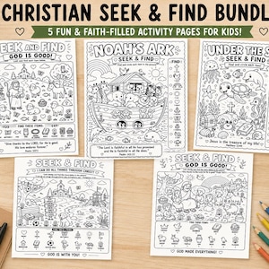 Puede incluir: Un conjunto de cinco hojas de actividades en blanco y negro tituladas Christian Seek & Find Bundle, con ilustraciones del arca de No&eacute;, escenas submarinas y figuras religiosas con listas de elementos para buscar y rodear.