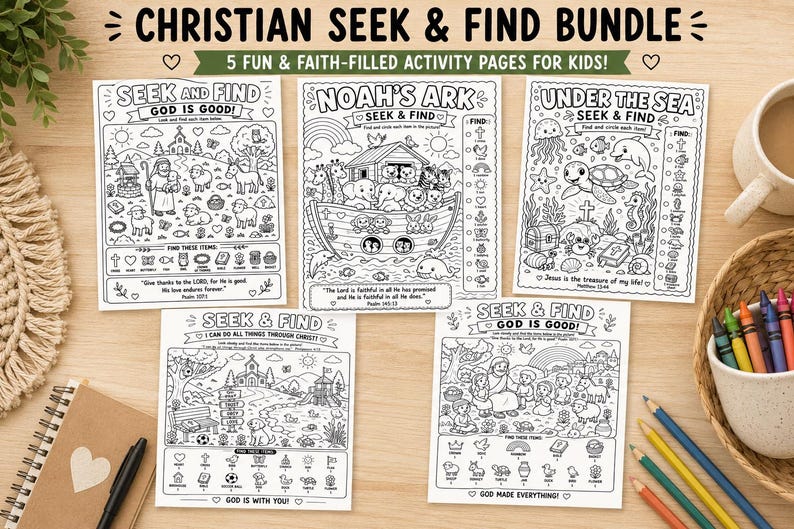 Puede incluir: Un conjunto de cinco hojas de actividades en blanco y negro tituladas Christian Seek & Find Bundle, con ilustraciones del arca de No&eacute;, escenas submarinas y figuras religiosas con listas de elementos para buscar y rodear.