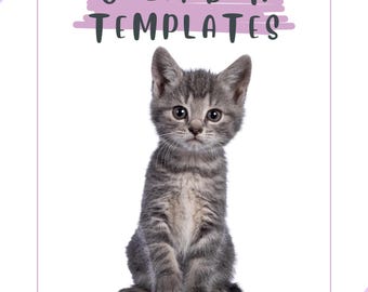 May include: A white background with a light purple border and a gray kitten. The text "CALENDAR TEMPLATES" is above the kitten, with a light purple brushstroke behind the text. The text "by KingsQueenM Creations" is below the kitten.