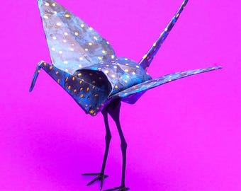 Origami Crane Sculpture, Hand Folded Orizuru Paper Bird With Legs, Japanese Zen Desk Decor, Symbol of Peace Spiritual Art Gift