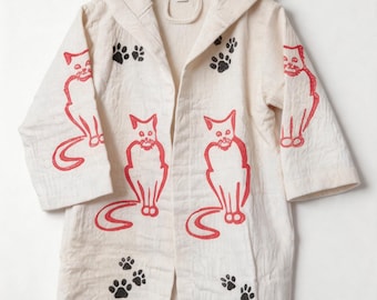 Kids Cat Print Muslin Bathrobe – Organic Cotton Hooded Robe, Lightweight Summer Spa Robe