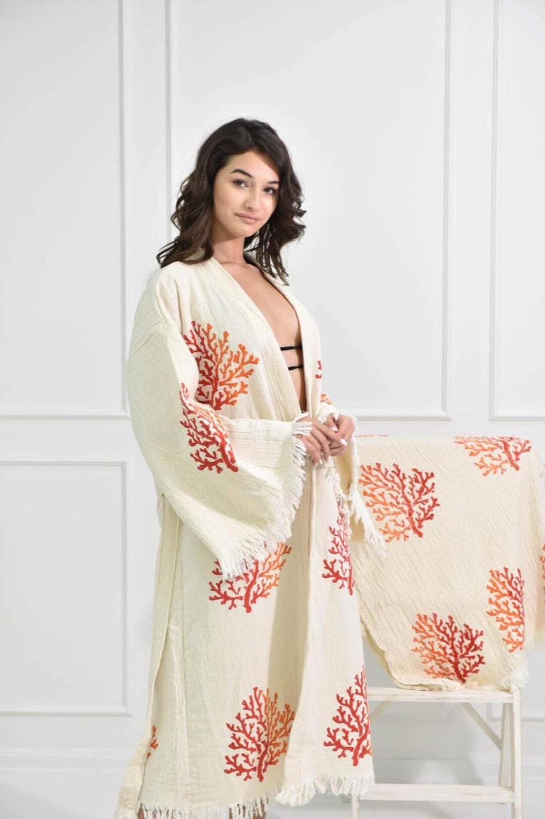 Organic Muslin Cotton Kimono Robe – Coral Print Eco Loungewear - Etsy