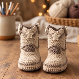 May include: A pair of beige and brown crocheted baby boots featuring a star-shaped applique on the front of each shaft. The boots are constructed with a light beige yarn base, accented by darker brown trim along the sole, heel, and collar.