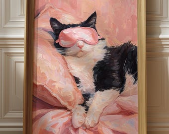 Slapende kat olieverfschilderij, roze pastel interieurdecoratie (digitale download)