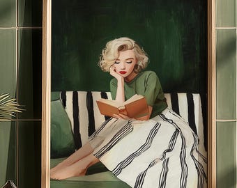 Emerald Green Woman Reading Art Print: Mid-Century Modern (Instant Download)