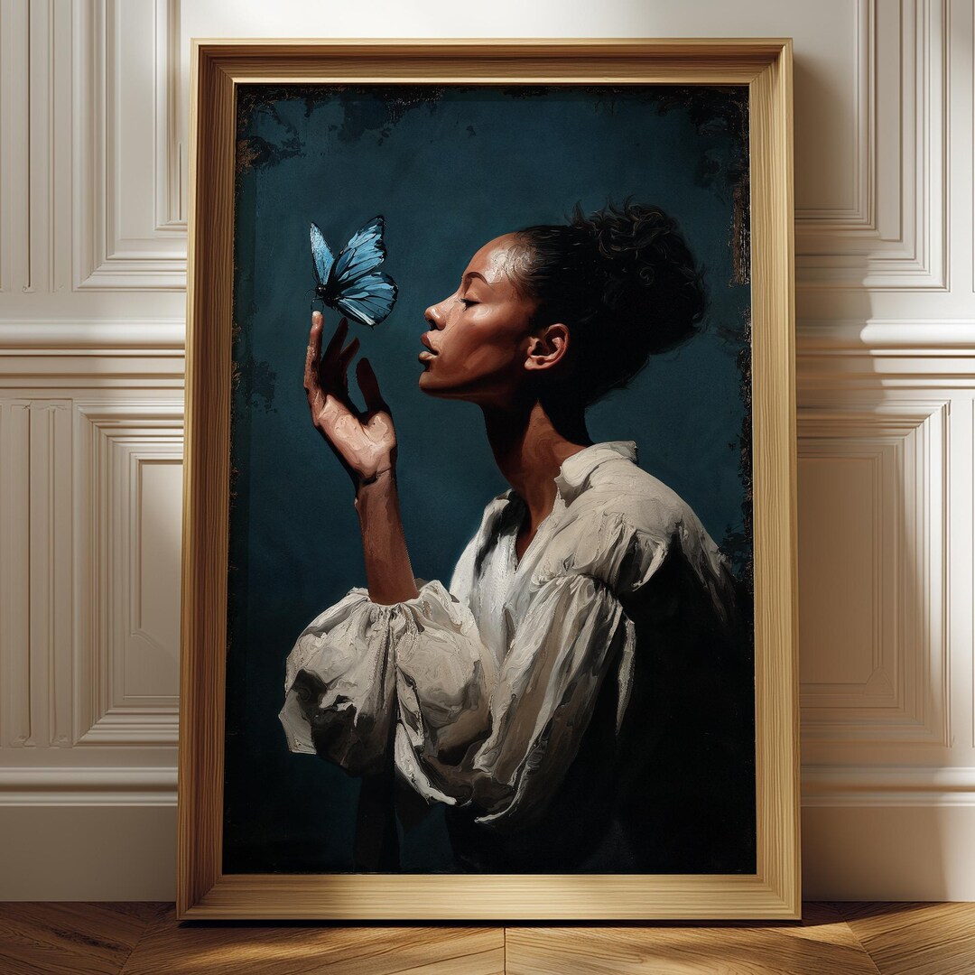 Black Woman Portrait Art Print, Blue Butterfly, Moody Feminine Decor ...
