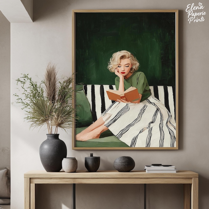 Emerald Green Woman Reading Art Print: Mid-century Modern (instant ...