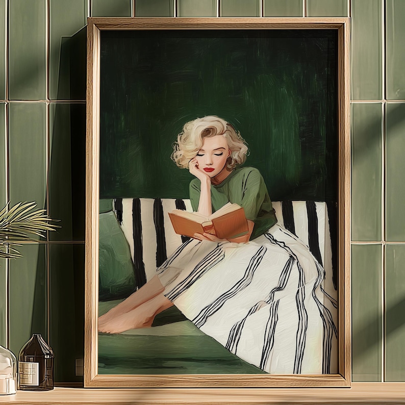 Emerald Green Woman Reading Art Print: Mid-century Modern (instant ...