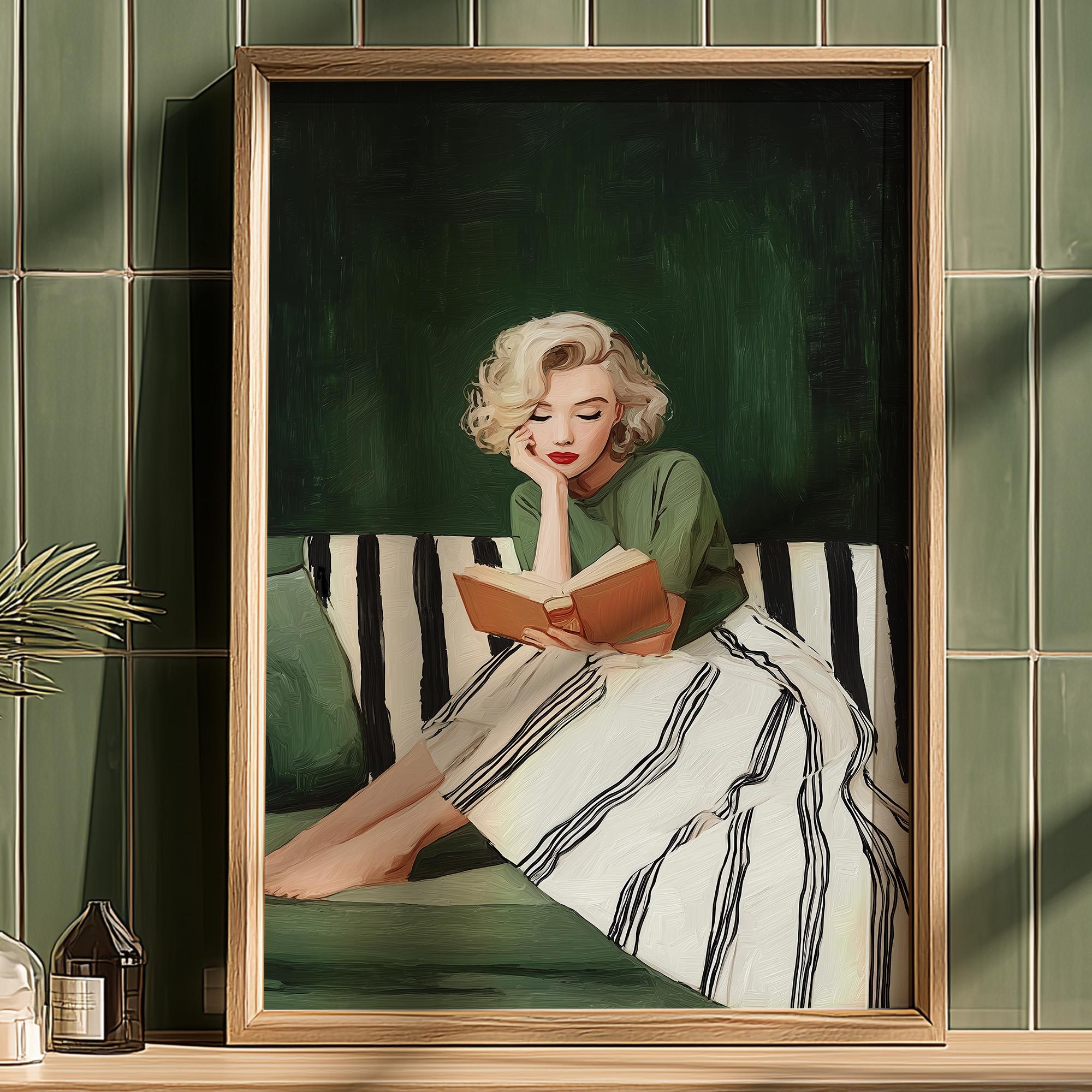 Emerald Green Woman Reading Art Print: Mid-century Modern (instant