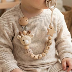 Personalized Crochet Pacifier Clip, Neutral Boho Pacifier Holder, Custom Name Baby Accessory, Newborn Baby Shower Gift