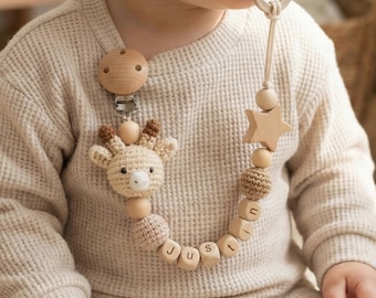 Personalized Crochet Pacifier Clip, Neutral Boho Pacifier Holder, Custom Name Baby Accessory, Newborn Baby Shower Gift