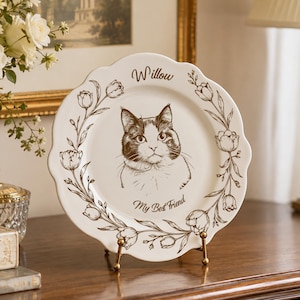 Custom Animal Portrait Display Plate, Botanical Scalloped Ceramic Heirloom Decor