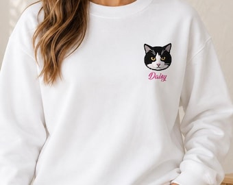 Custom Cat Portrait Embroidered Sweatshirt or Hoodie, Personalized Pet Photo and Name on Chest