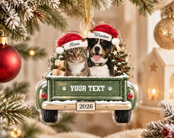 Personalized Pet Christmas Ornament from Your Photo, Acrylic Vintage Truck with Custom Names, Gift for Pet Parents