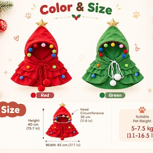 May include: Two hooded capes in red and green, each featuring a gold star at the top, colorful pom-poms, and a drawstring closure. The size chart indicates a height of 15.7 inches, width of 17.7 inches, head circumference of 11.8 inches, and weight of 11-16.5 lbs.