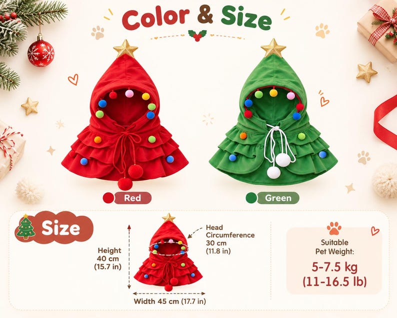 May include: Two hooded capes in red and green, each featuring a gold star at the top, colorful pom-poms, and a drawstring closure. The size chart indicates a height of 15.7 inches, width of 17.7 inches, head circumference of 11.8 inches, and weight of 11-16.5 lbs.