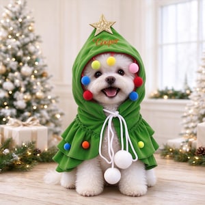 May include: A green hooded pet cape featuring a gold star at the peak, colorful pom-poms along the hood and hem, and white drawstring ties with large pom-poms. The name Cooper is embroidered in red script on the front of the hood.
