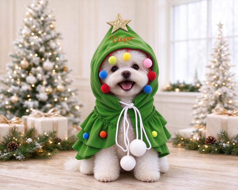 May include: A green hooded pet cape featuring a gold star at the peak, colorful pom-poms along the hood and hem, and white drawstring ties with large pom-poms. The name Cooper is embroidered in red script on the front of the hood.