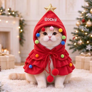 May include: A red hooded pet cape featuring a gold star at the peak, multi-colored pom-poms along the hood and hem, and the name Rocky embroidered in white on the hood. The cape includes a drawstring closure with two large red pom-poms.