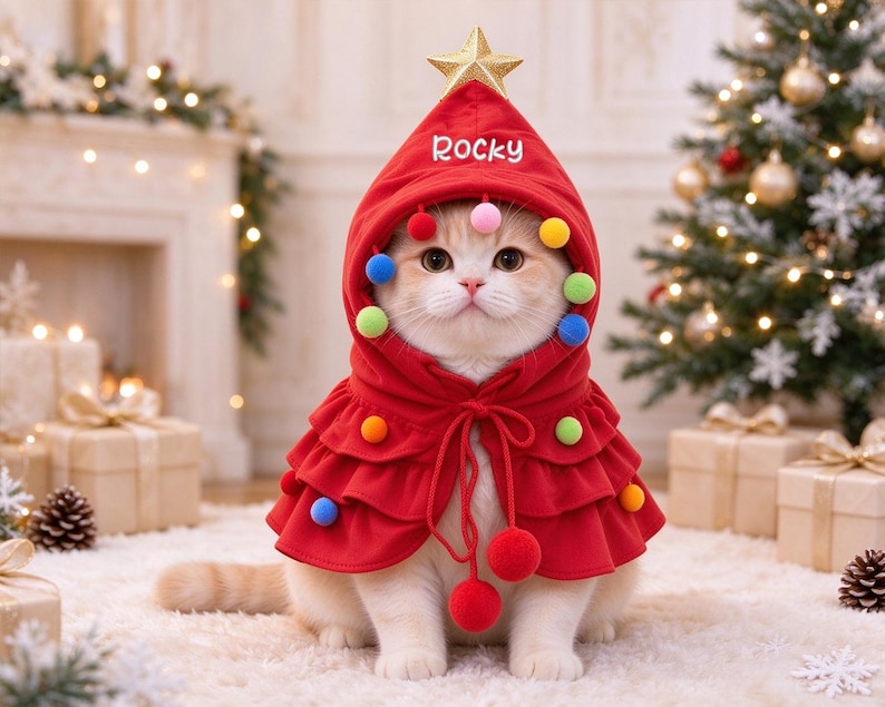 May include: A red hooded pet cape featuring a gold star at the peak, multi-colored pom-poms along the hood and hem, and the name Rocky embroidered in white on the hood. The cape includes a drawstring closure with two large red pom-poms.