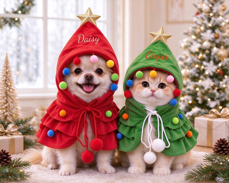 May include: A red pet cape with a hood, a gold star topper, and colorful pom-poms, embroidered with the name Daisy. Beside it, a green pet cape with a hood, a gold star topper, and colorful pom-poms, embroidered with the name Cooper.