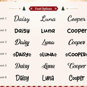 May include: A chart titled Font Options displays six rows of text, each showing the names Daisy, Luna, and Cooper in different black typefaces. The header features small green Christmas tree icons and red accents on a light background.